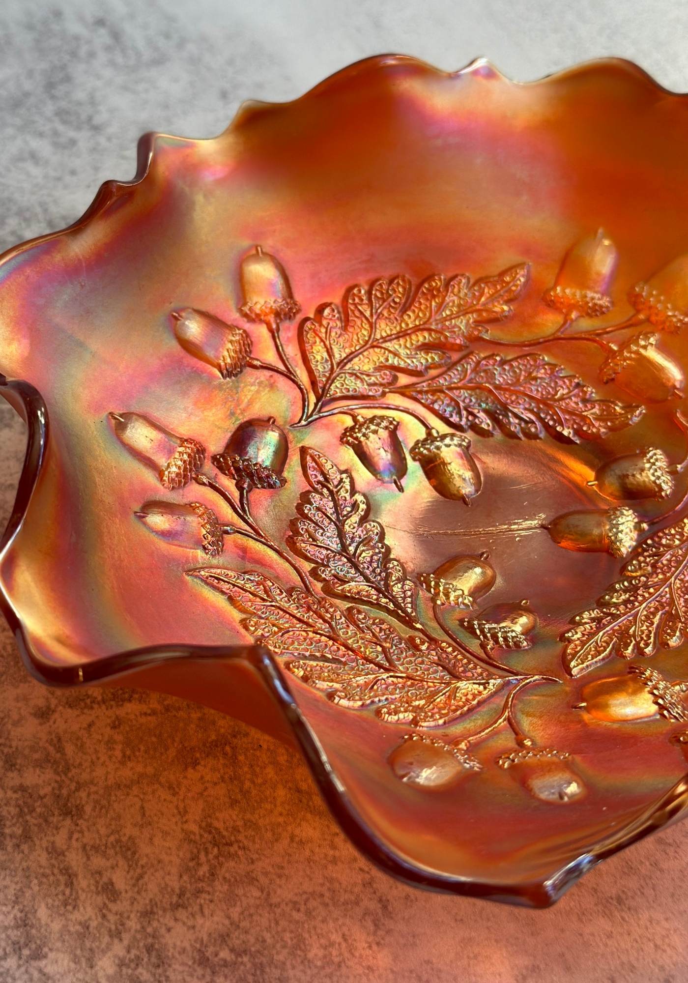 Ruffled Acorn Carnival Glass Bowl