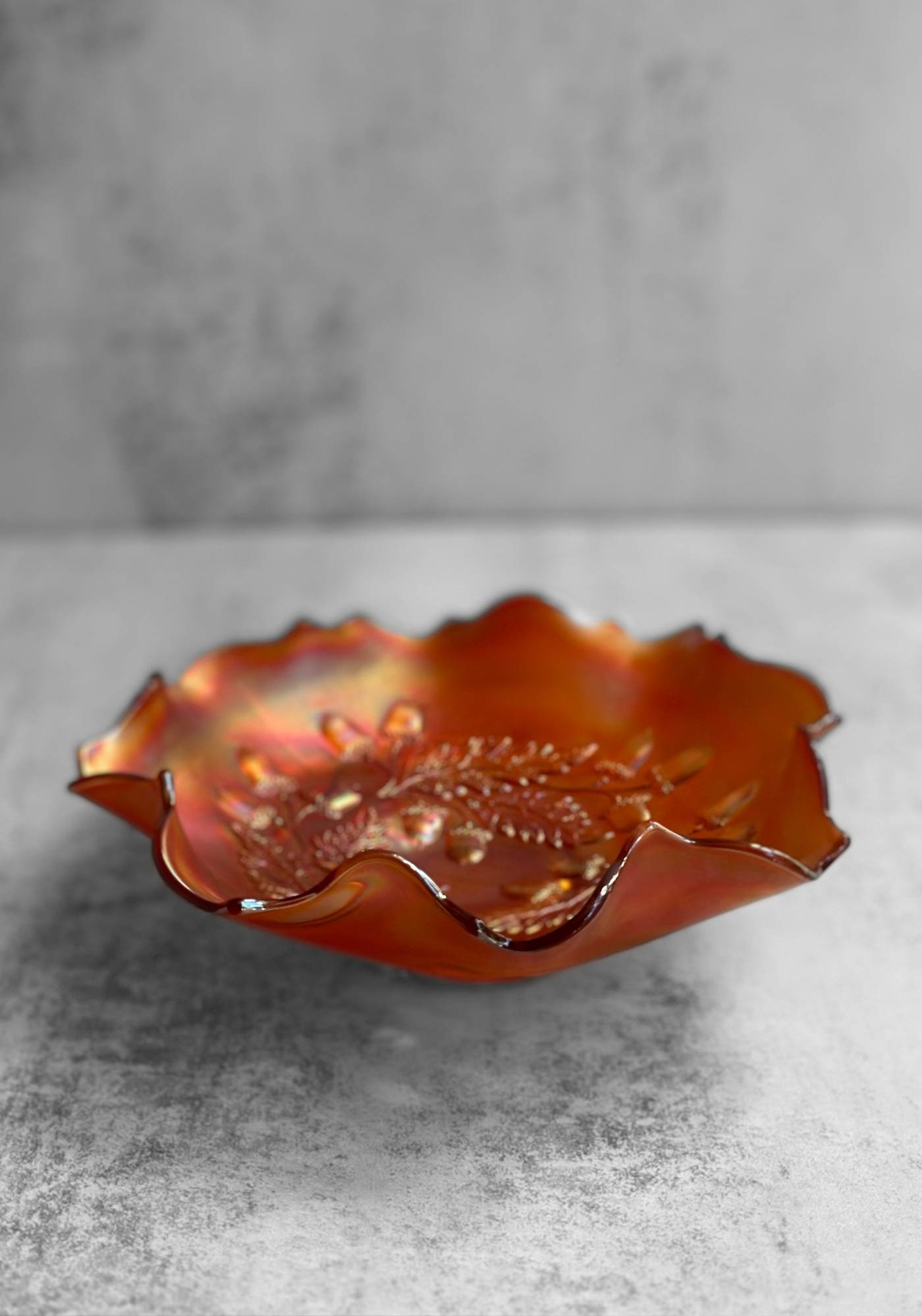 Ruffled Acorn Carnival Glass Bowl