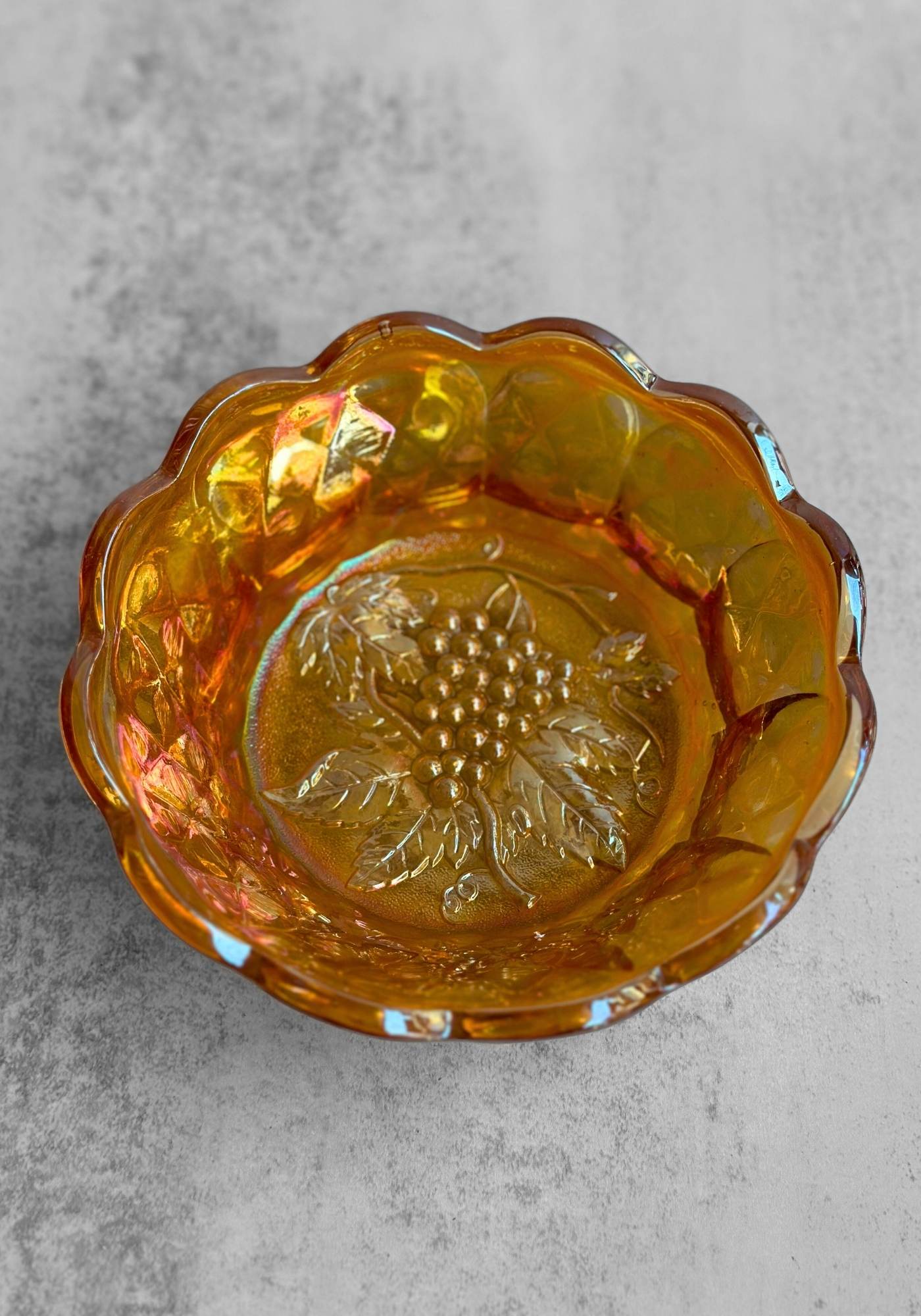 Vintage Scalloped Grapes Carnival Glass Bowl