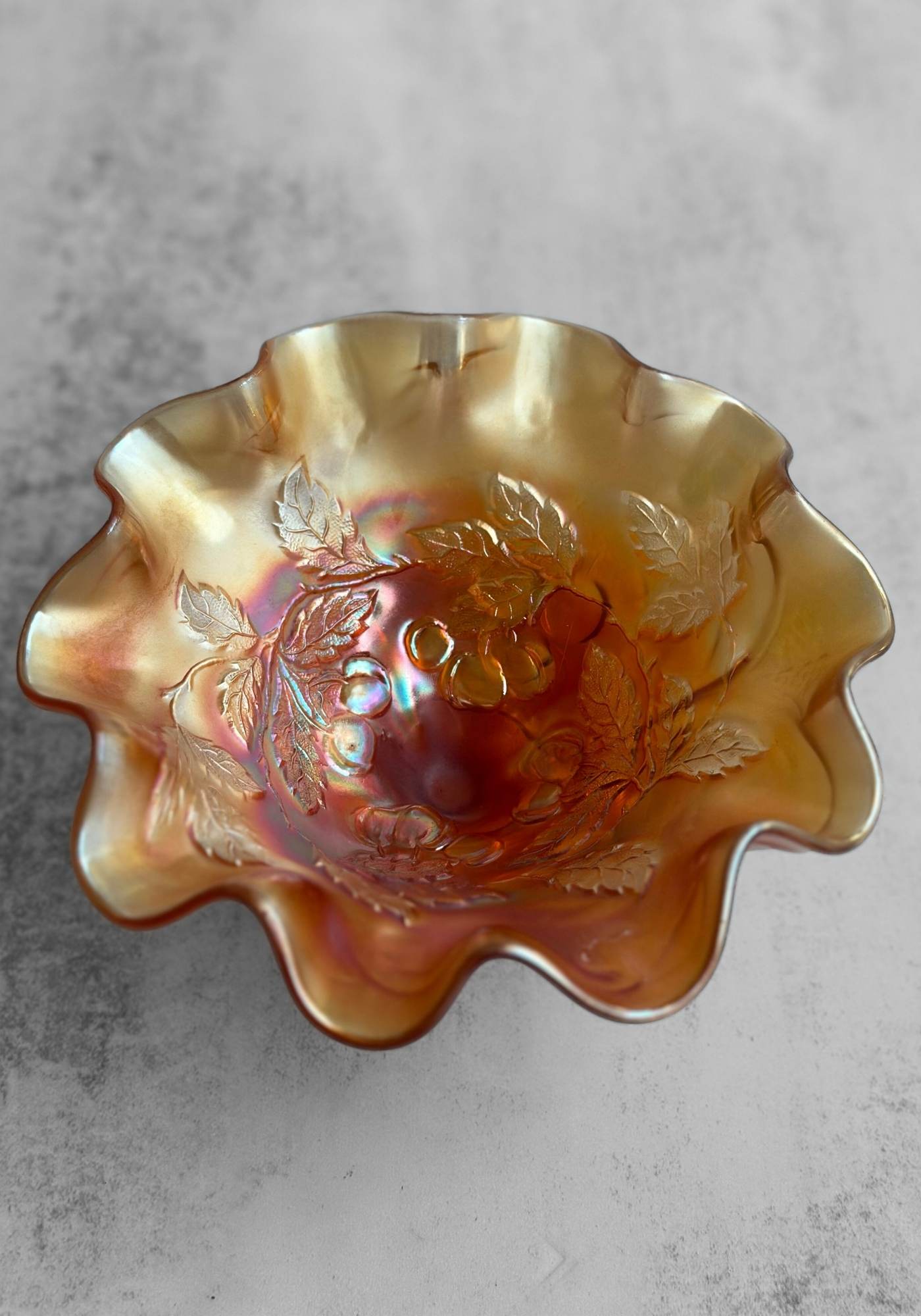 Ruffled Bubble Foot Carnival Glass Bowl