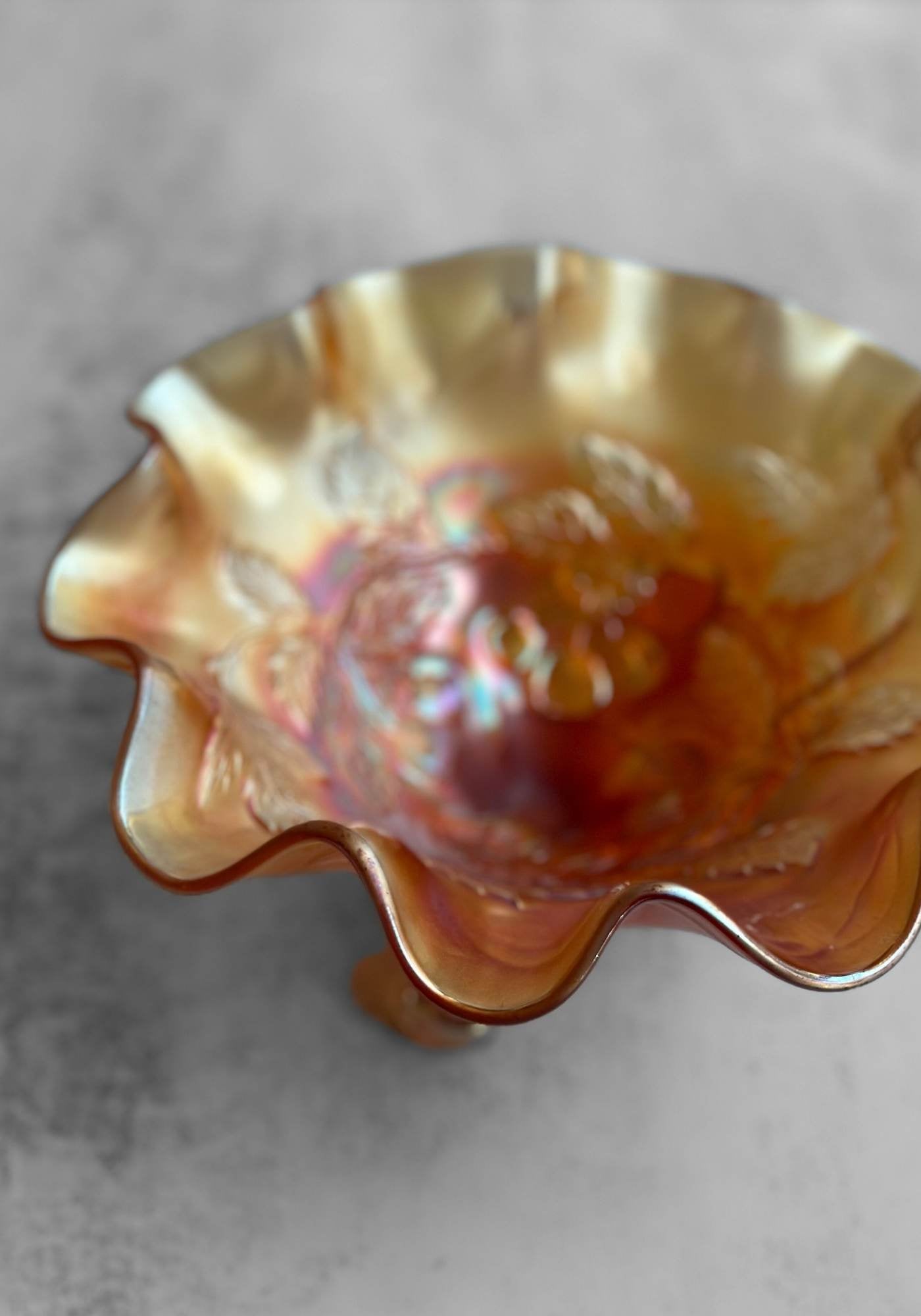 Ruffled Bubble Foot Carnival Glass Bowl