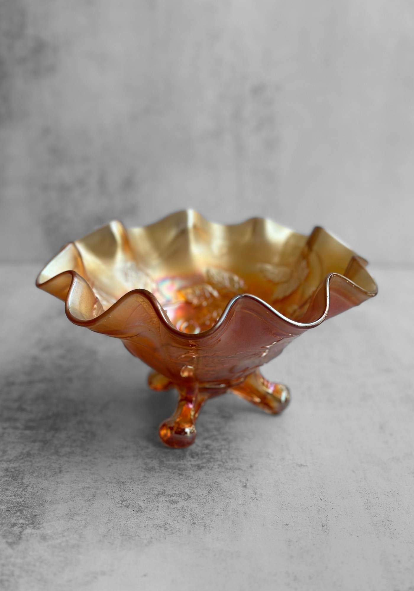 Ruffled Bubble Foot Carnival Glass Bowl