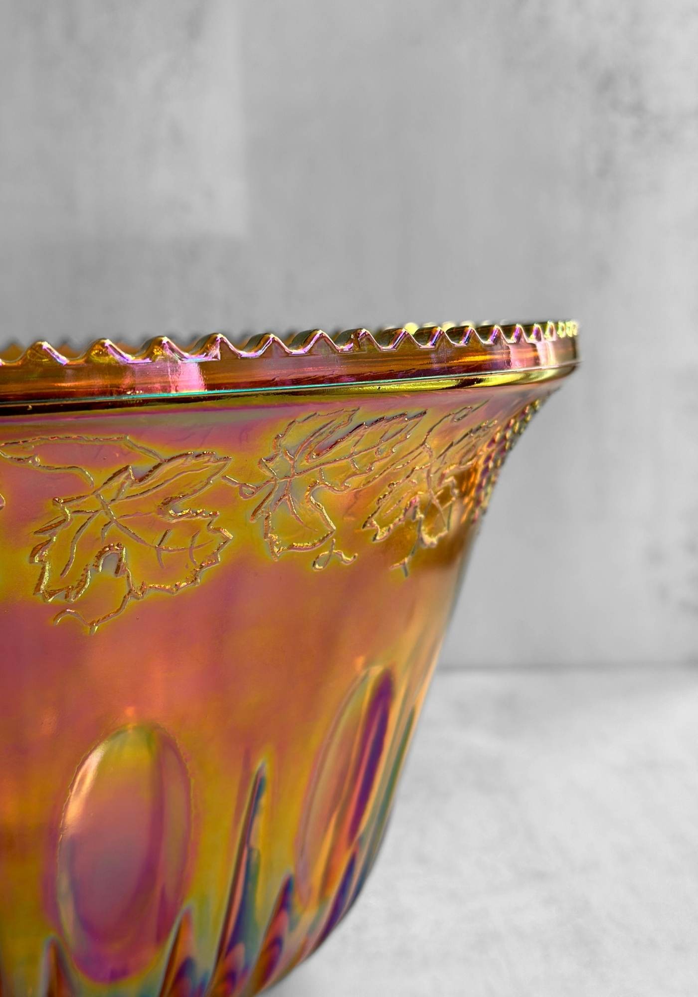 Marigold Carnival Glass Punch Bowl and Cups Set