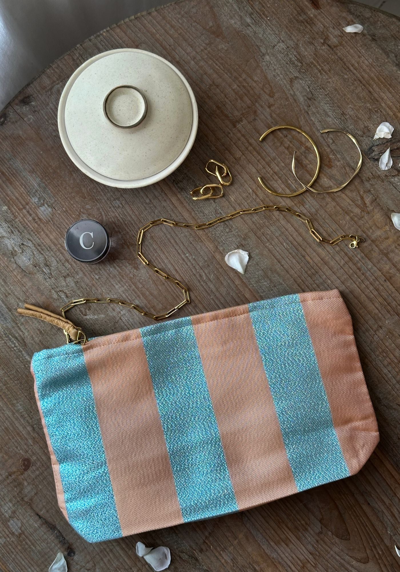 Large Peach and Blue Stripe Pouch