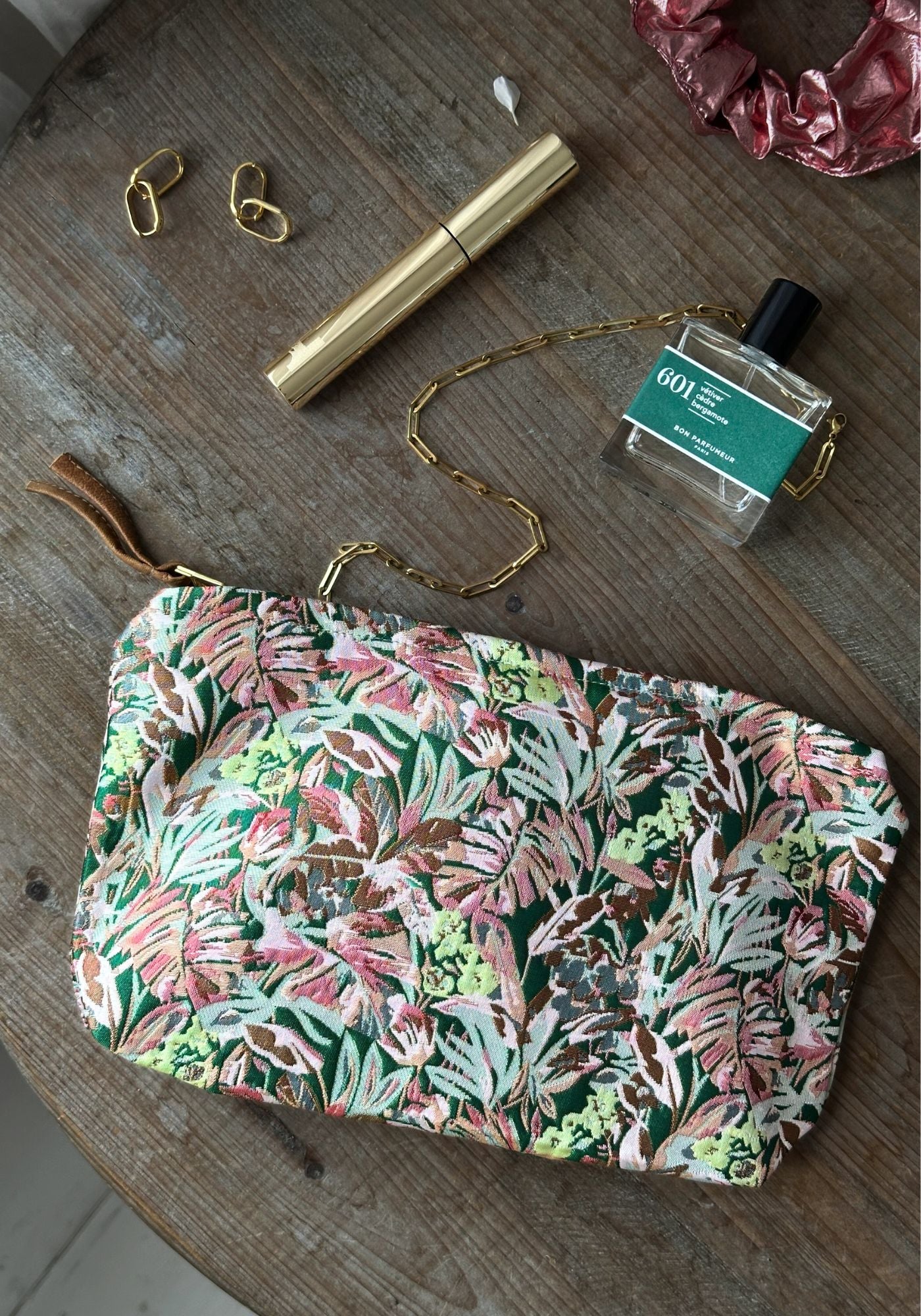 Large Green and Pink Tropical Pouch