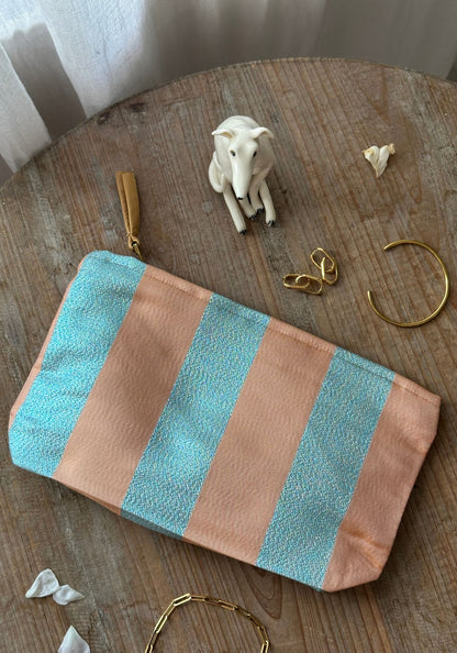 Large Peach and Blue Stripe Pouch