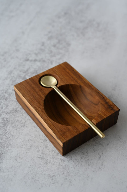 Wooden Salt Cellar with Gold Spoon