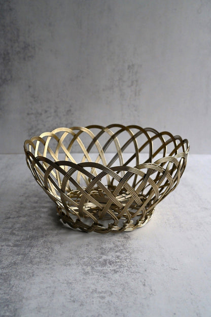 Set of Two Round Gold Wire Woven Baskets