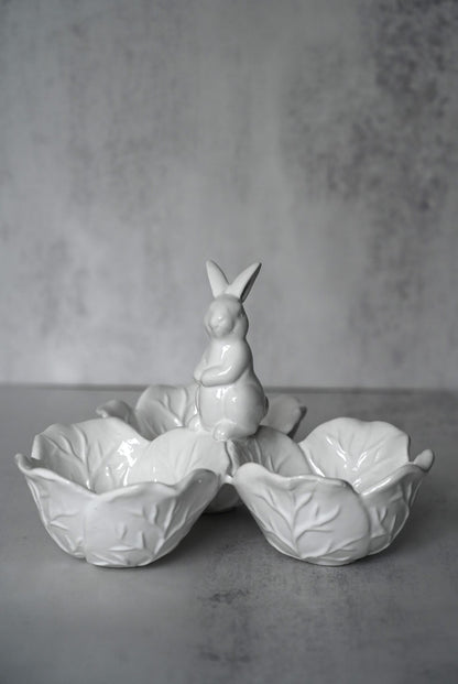 White Ceramic Bunny and Cabbage Snack Bowl