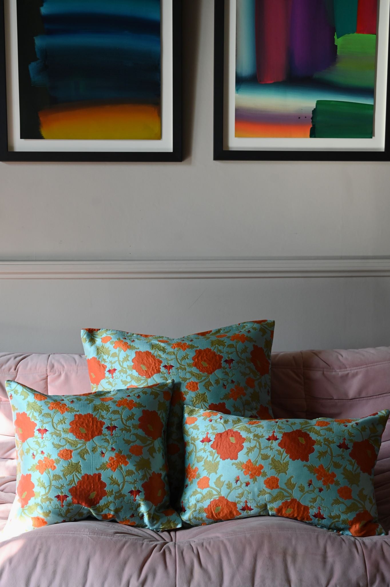 Teal and Burnt Orange Vining Floral Cushion Collection