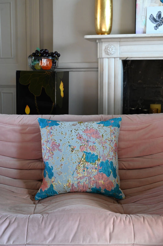 Pale Blue Rose and Gold Splatter Floral Cushion Collection