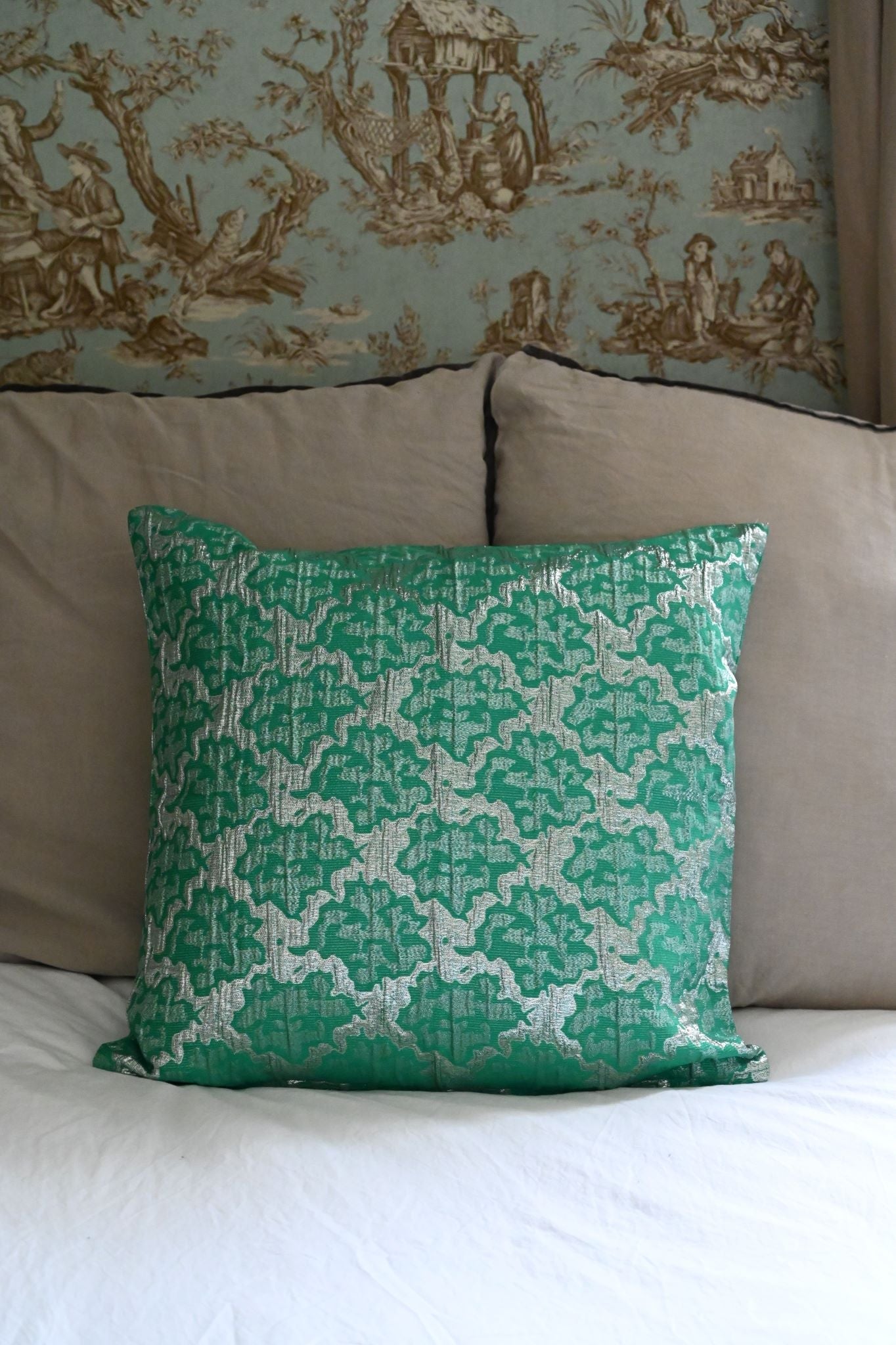 Dagny Emerald Green and Silver Metallic Abstract Tile Cushion
