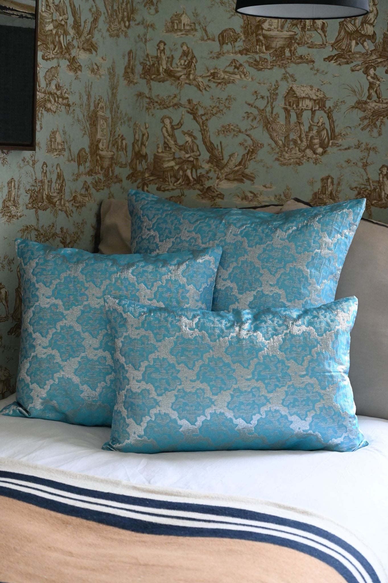 Cyan Blue and Silver Abstract Tile Cushion Collection