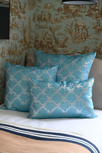 Cyan Blue and Silver Abstract Tile Cushion Collection