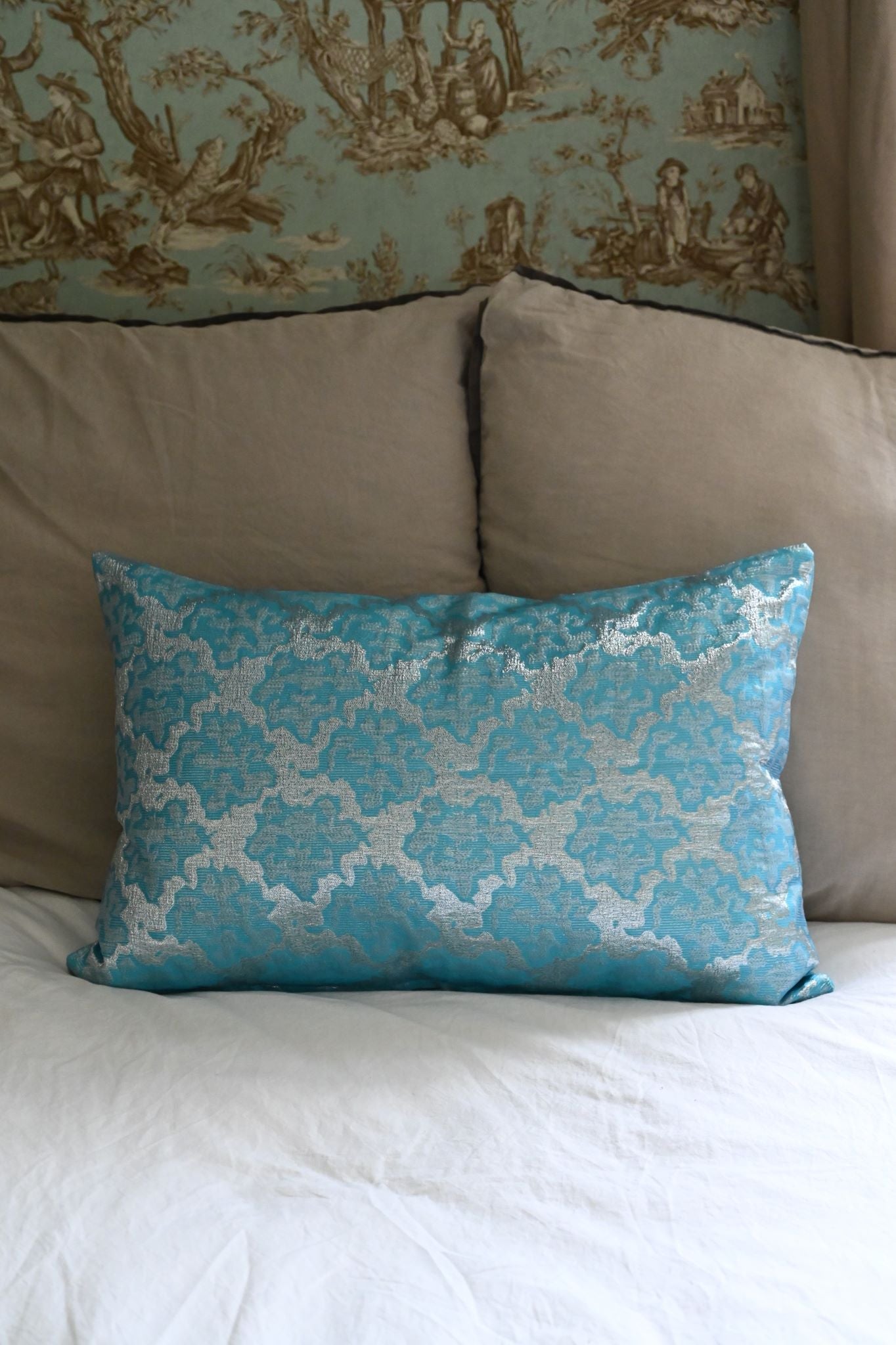 Cyan Blue and Silver Abstract Tile Cushion Collection