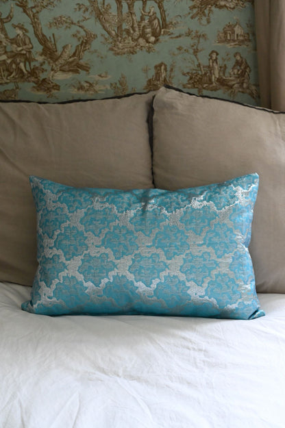 Cyan Blue and Silver Abstract Tile Cushion Collection