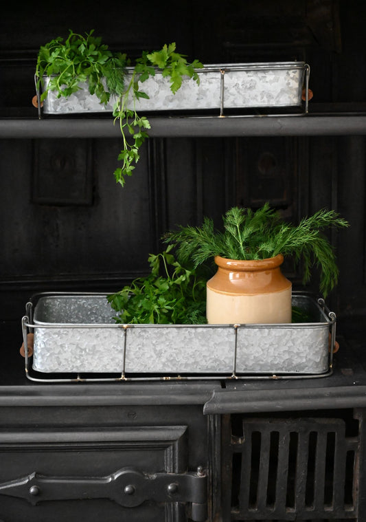 Set of Two Iron Trays With Wood Handles