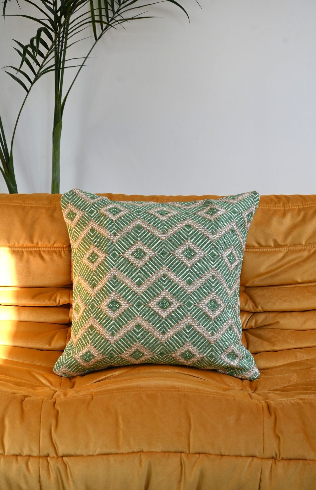 Green Woven Cotton & Jute Geometric Diamond Cushion