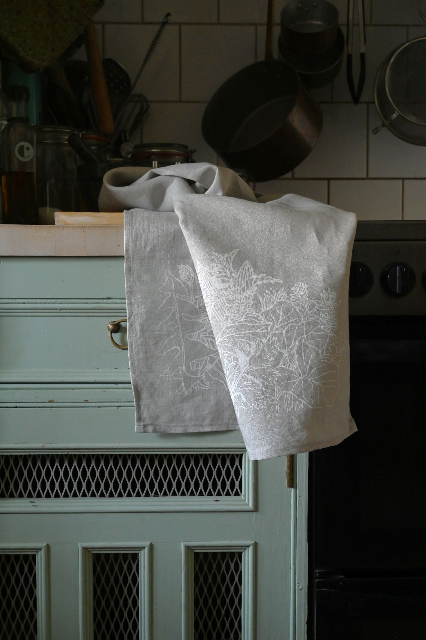 Kate Westcott Ancient Plants Linen Tea Towel in Light Grey