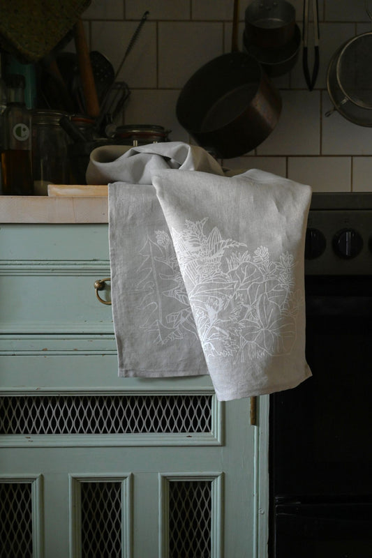 Kate Westcott Ancient Plants Linen Tea Towel in Light Grey
