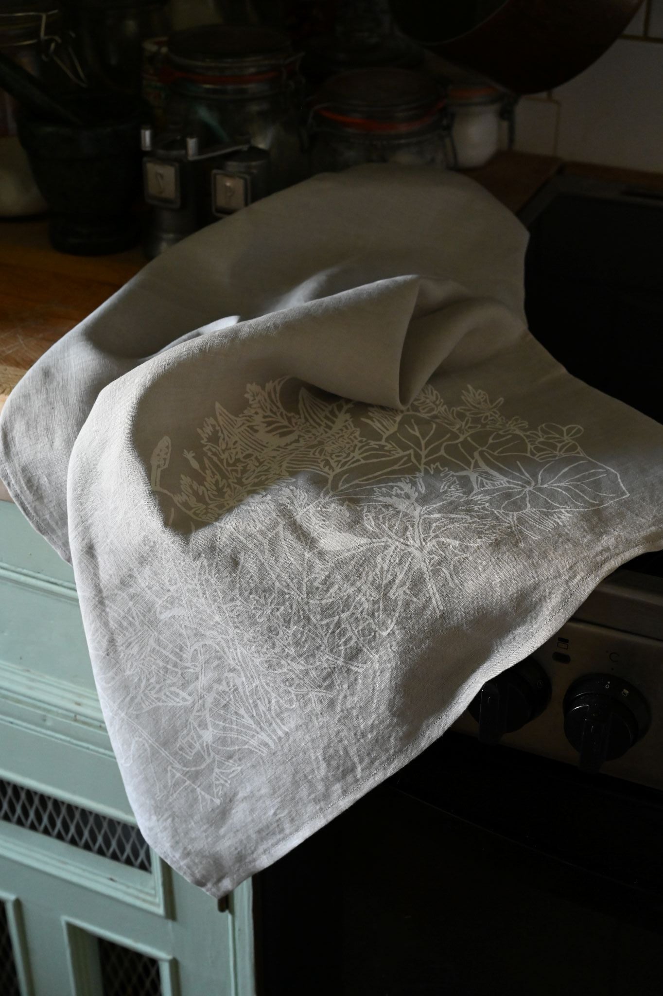 Kate Westcott Ancient Plants Linen Tea Towel in Light Grey
