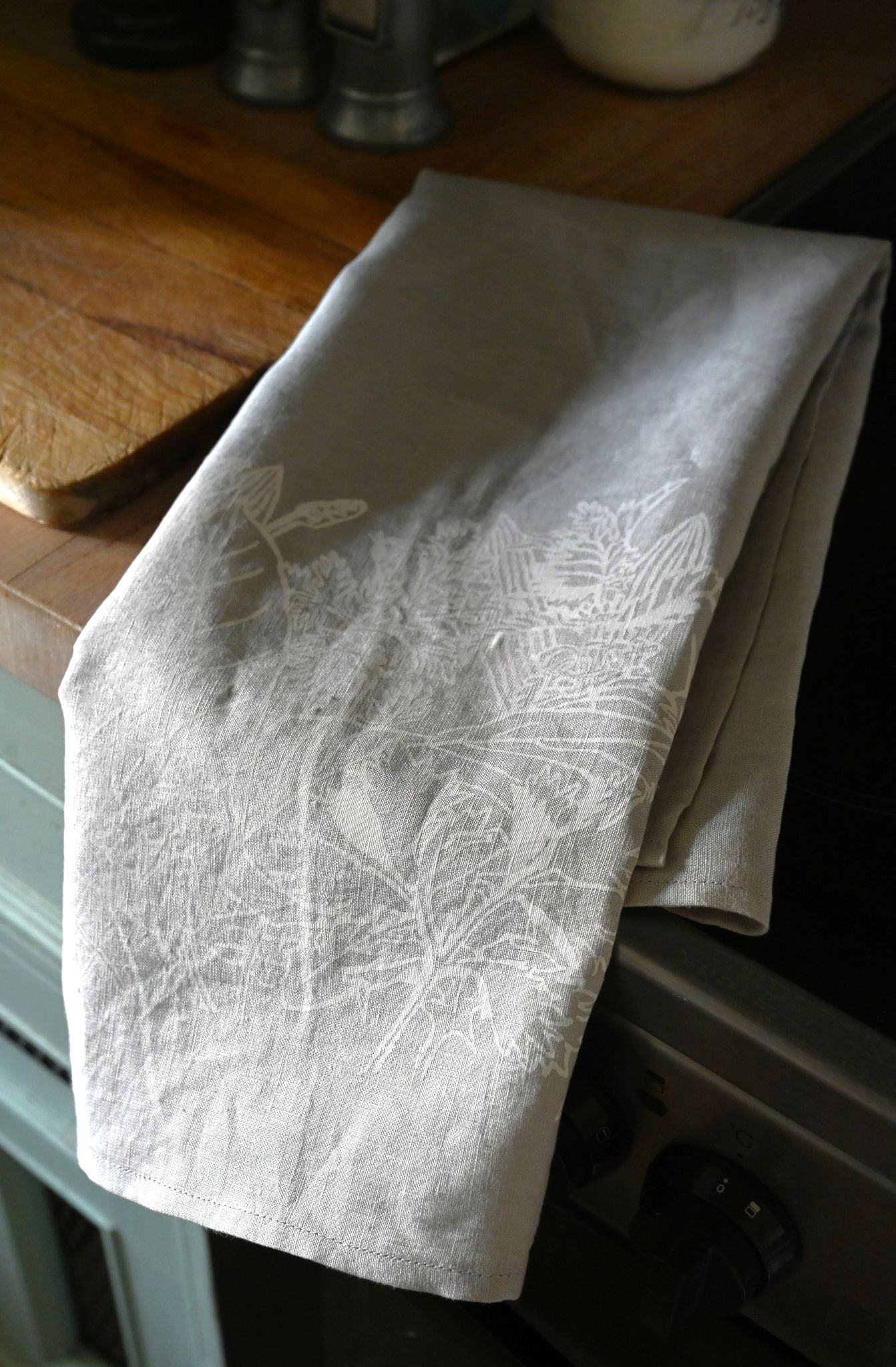 Kate Westcott Ancient Plants Linen Tea Towel in Light Grey