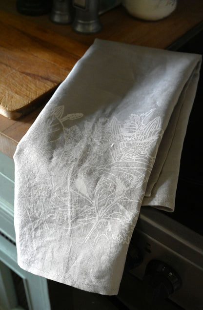 Kate Westcott Ancient Plants Linen Tea Towel in Light Grey