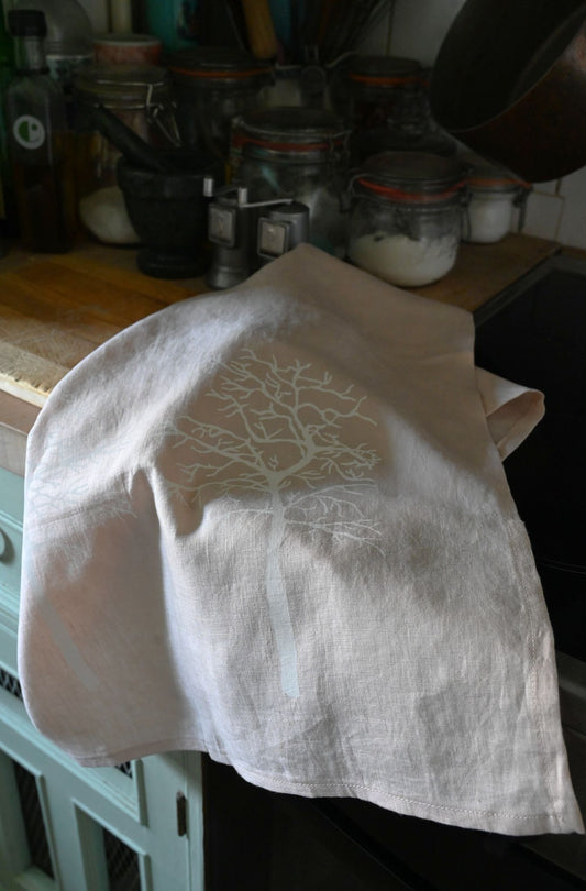 Kate Westcott Trees Linen Tea Towel in Light Pink