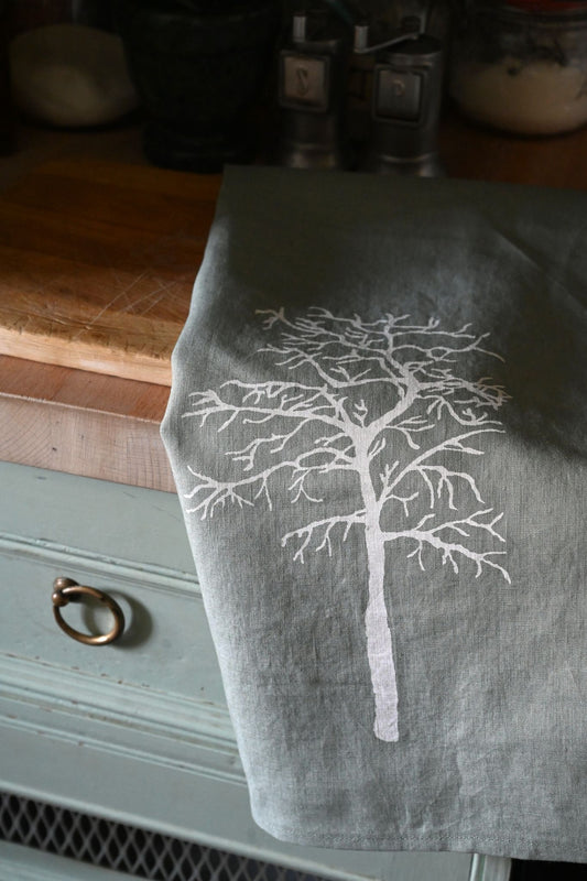 Kate Westcott Trees Linen Tea Towel in Sage Green