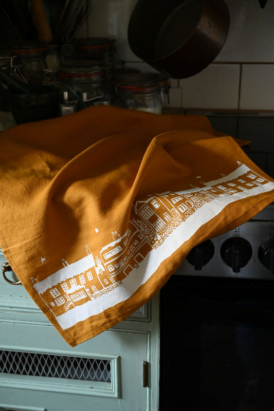 Kate Westcott Houses Linen Tea Towel in Ochre Yellow