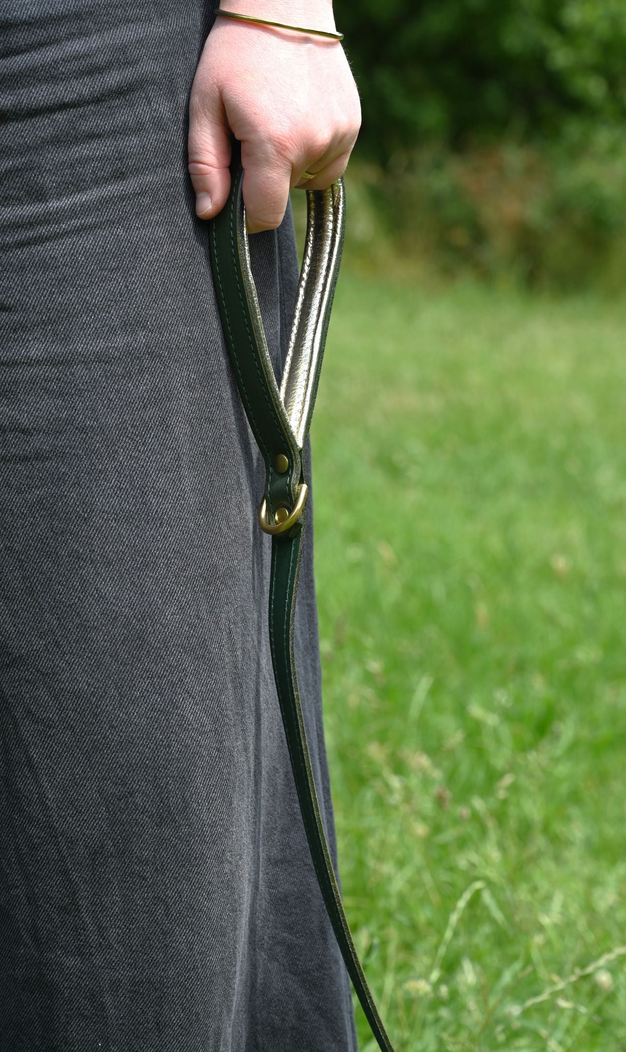Mint green padded leather dog lead with solid brass hardware on a brindle dog in a field.