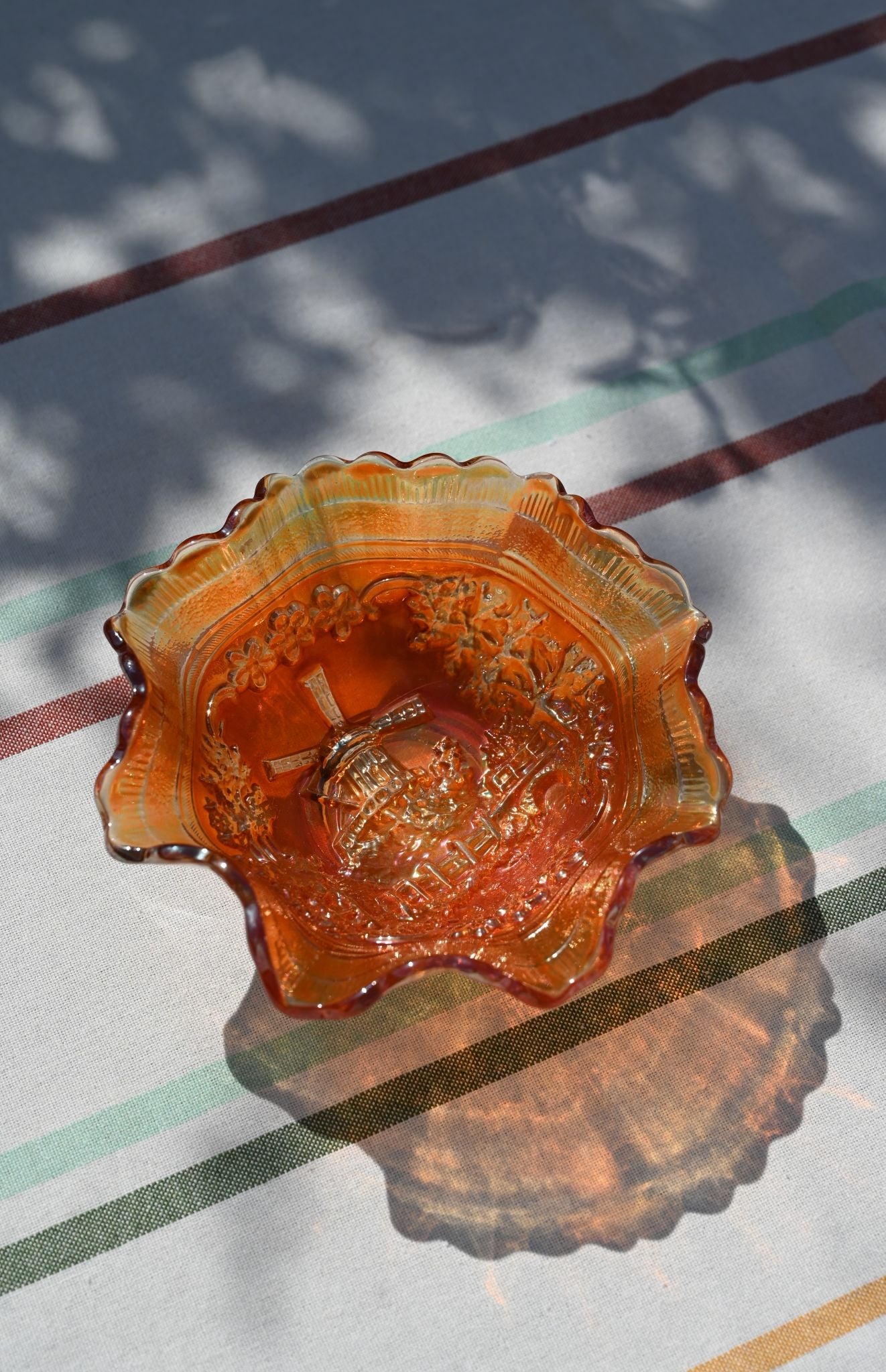 Small Ruffled Windmill Carnival Glass Bowl