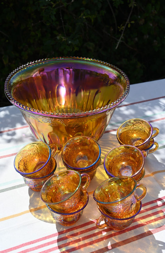 Marigold Carnival Glass Punch Bowl and Cups Set