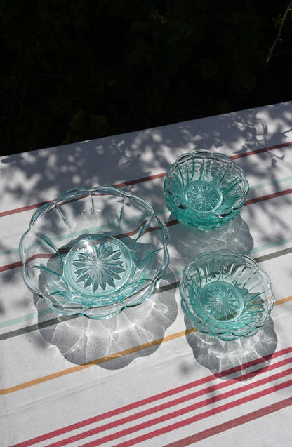 Set of Seven Ice Blue Glass Scallop Dessert Bowl Set