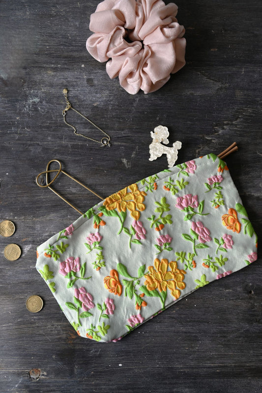 Large Yellow and Mint Floral Pouch