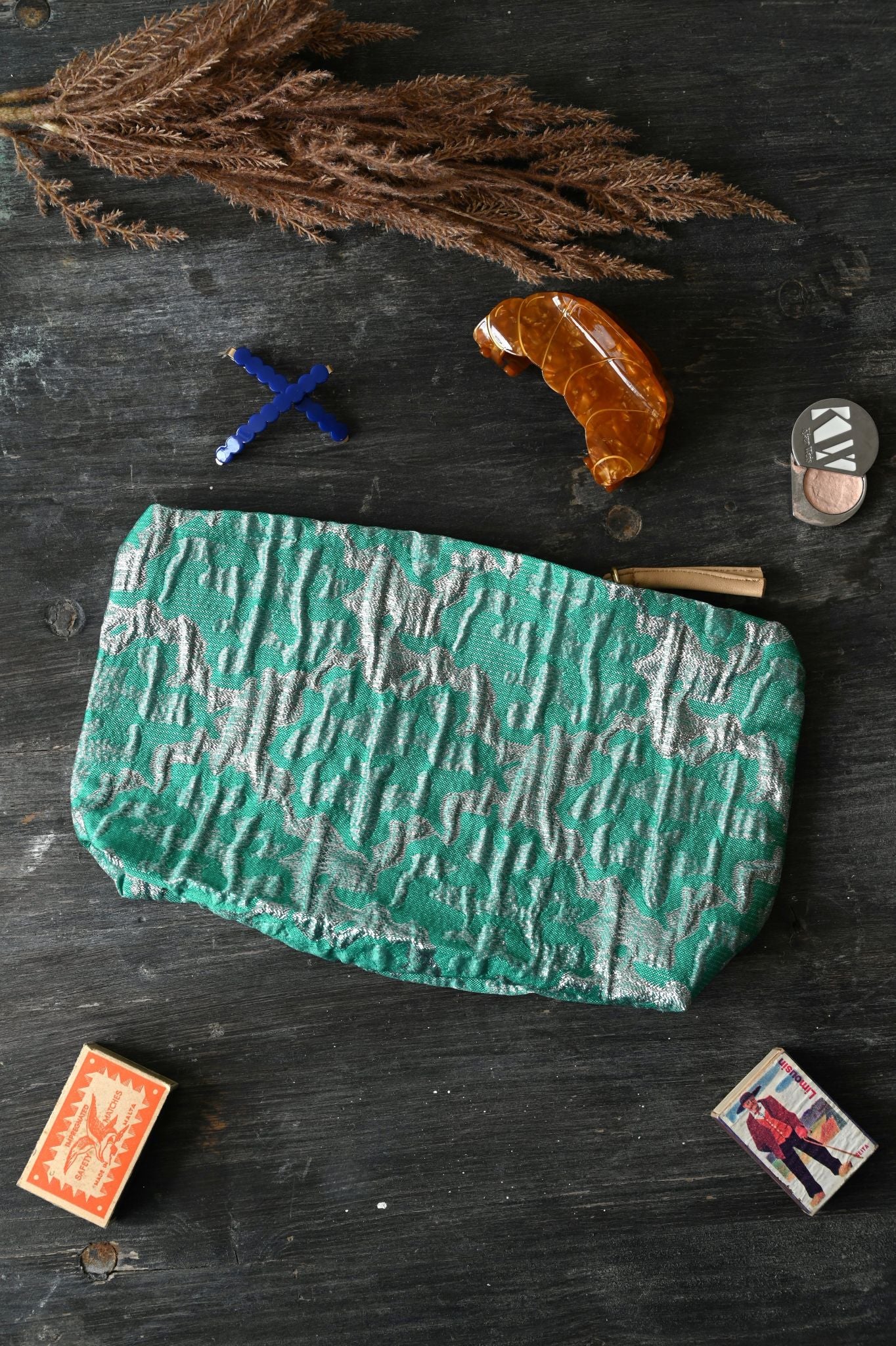 Large Green and Silver Abstract Tile Pouch