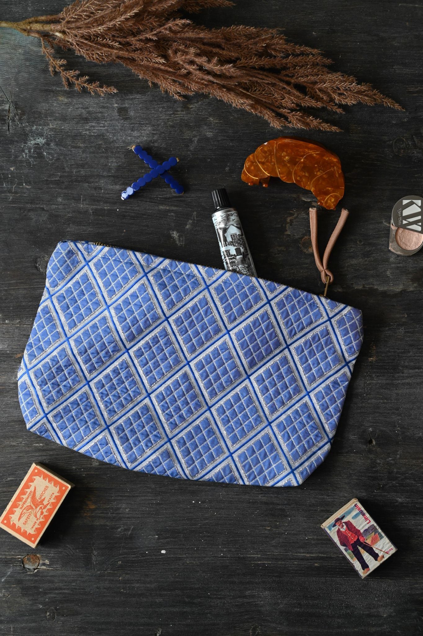 Large Blue Check Diamond Pouch