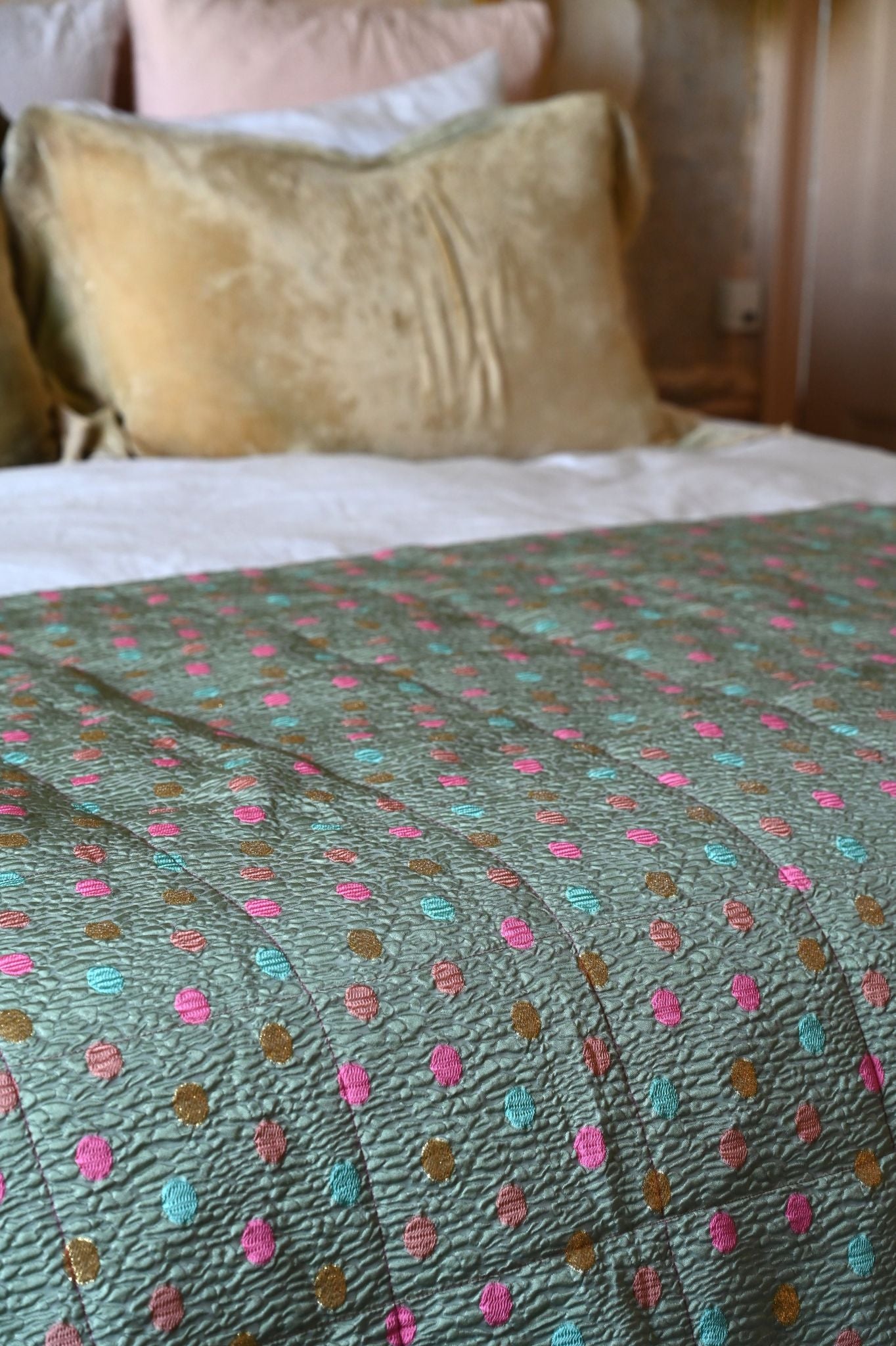 Sage Green Polka Dot Bed Quilt