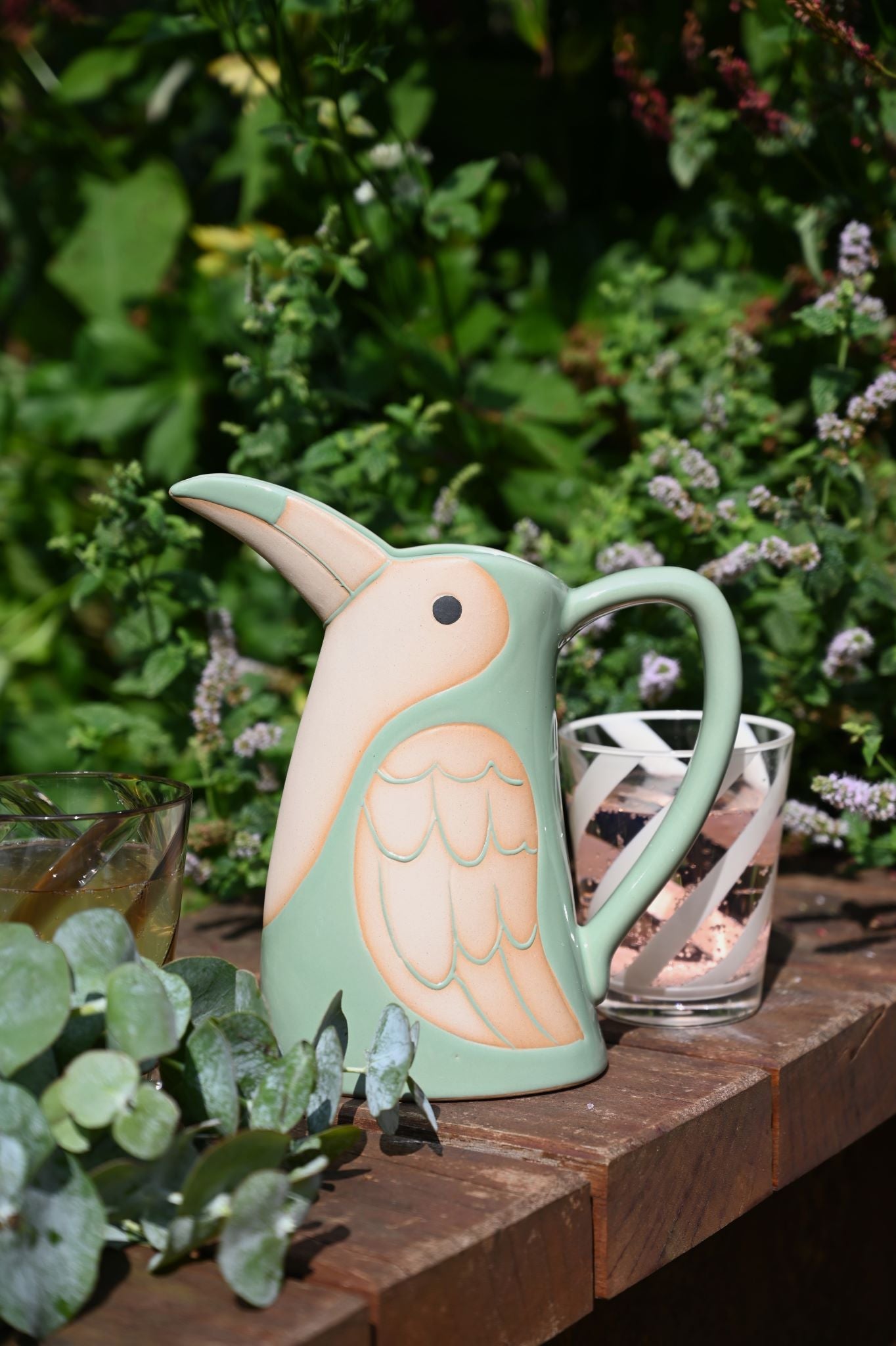 Olive Green Bird Stoneware Pitcher
