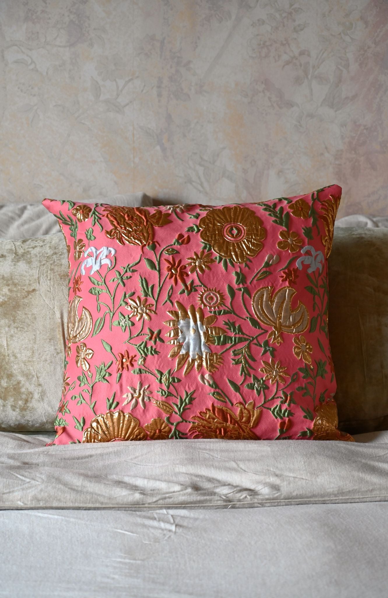 Coral and Peach Champagne Floral Cushion Collection
