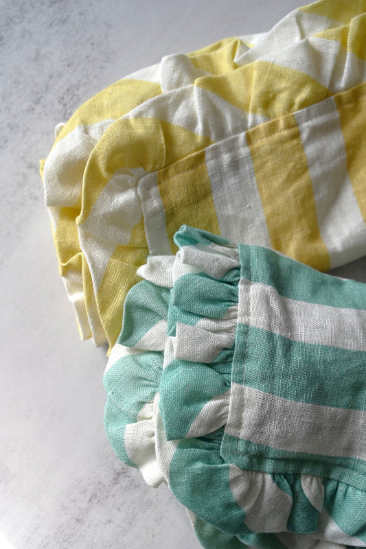 Green Striped Linen Ruffle Edge Napkin