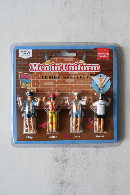 Packaged 'Men in Uniform' drink markers with four figures on a gray background