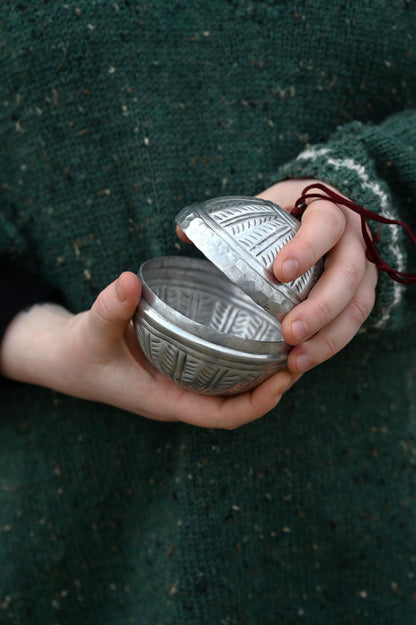 Silver round-shaped object held by a child against a green textured background