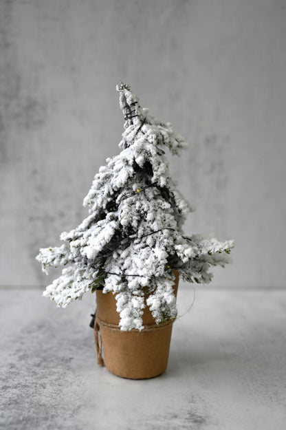 Miniature LED Christmas Trees in Jute Pots | Snowy Tabletop Decorations