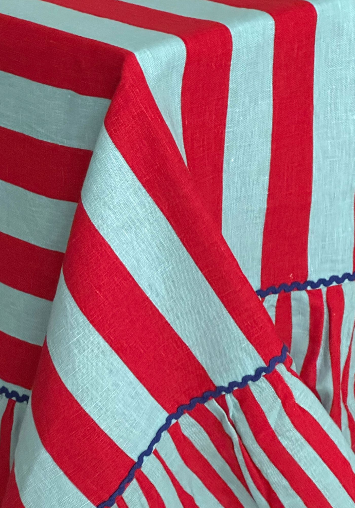 Sirenuse Red Striped Ruffle Border Linen Tablecloth