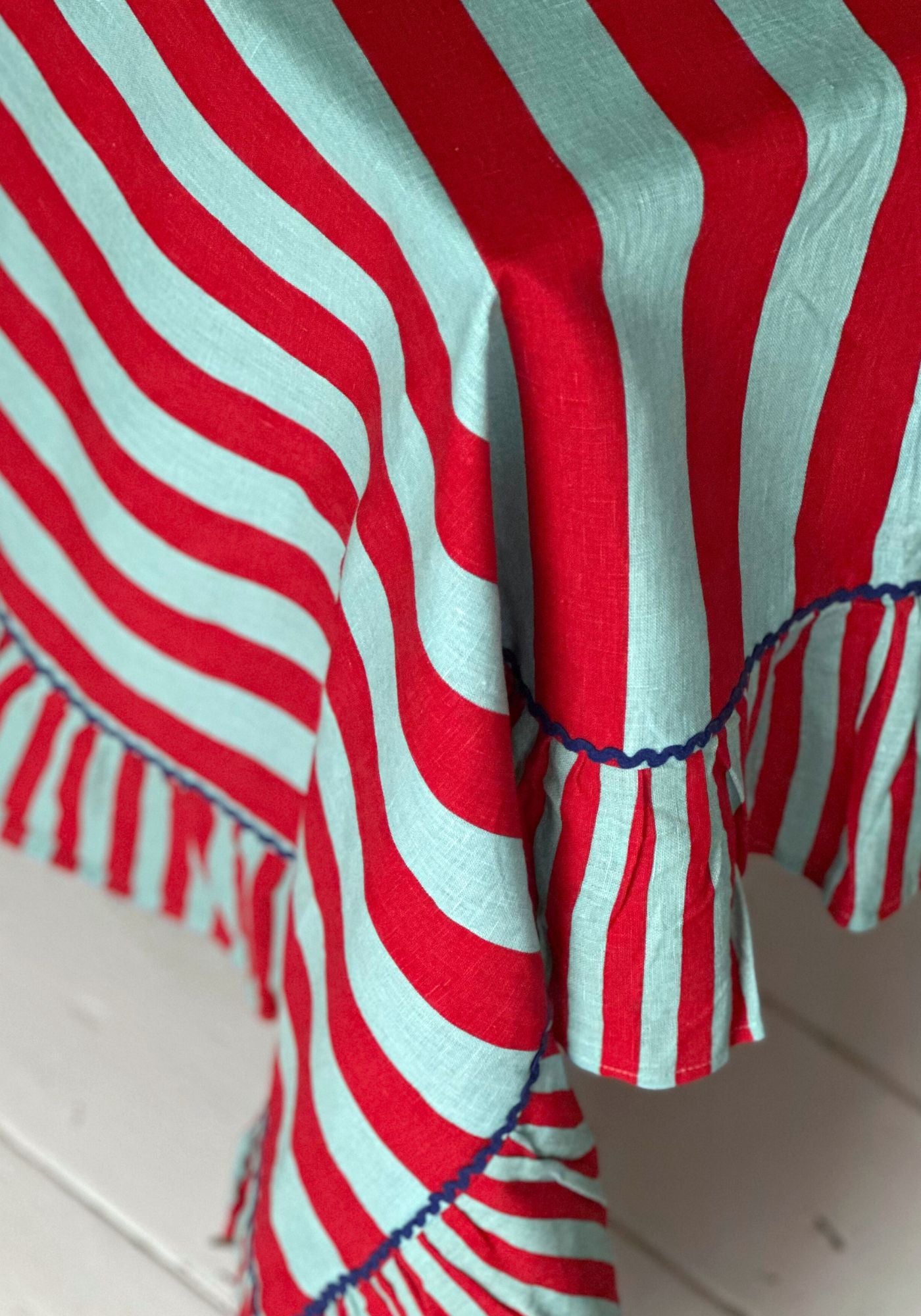 Sirenuse Red Striped Ruffle Border Linen Tablecloth