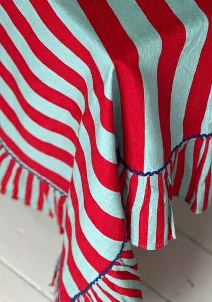 Sirenuse Red Striped Ruffle Border Linen Tablecloth