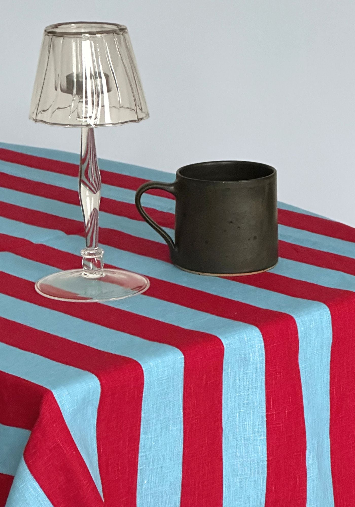 Sirenuse Red Striped Ruffle Border Linen Tablecloth