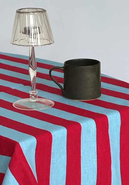 Sirenuse Red Striped Ruffle Border Linen Tablecloth