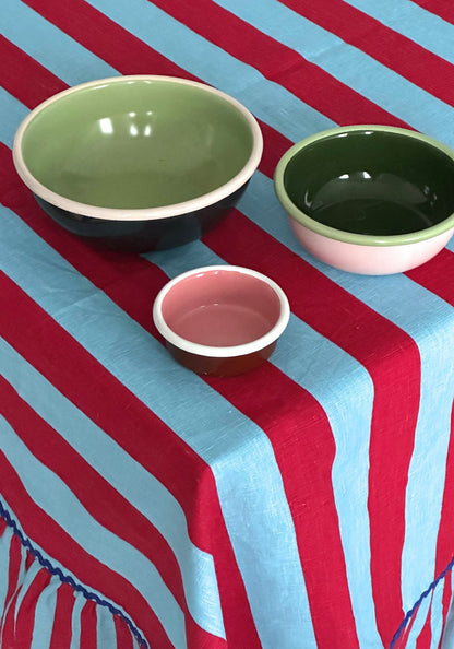 Sirenuse Red Striped Ruffle Border Linen Tablecloth